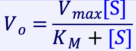 <p>1.V<sub>o</sub> is the initial rate of the reaction (moles P produced/sec)</p><p>2.V<sub>max</sub> is the maximum possible rate when all E is occupied with S (i.e., when [ES] = [E]total )</p><p>3. [S] is the initial substrate concentration</p><p>4. K<sub>M</sub> is the Michaelis constant, it is the [S] that gives ½ Vmax</p>