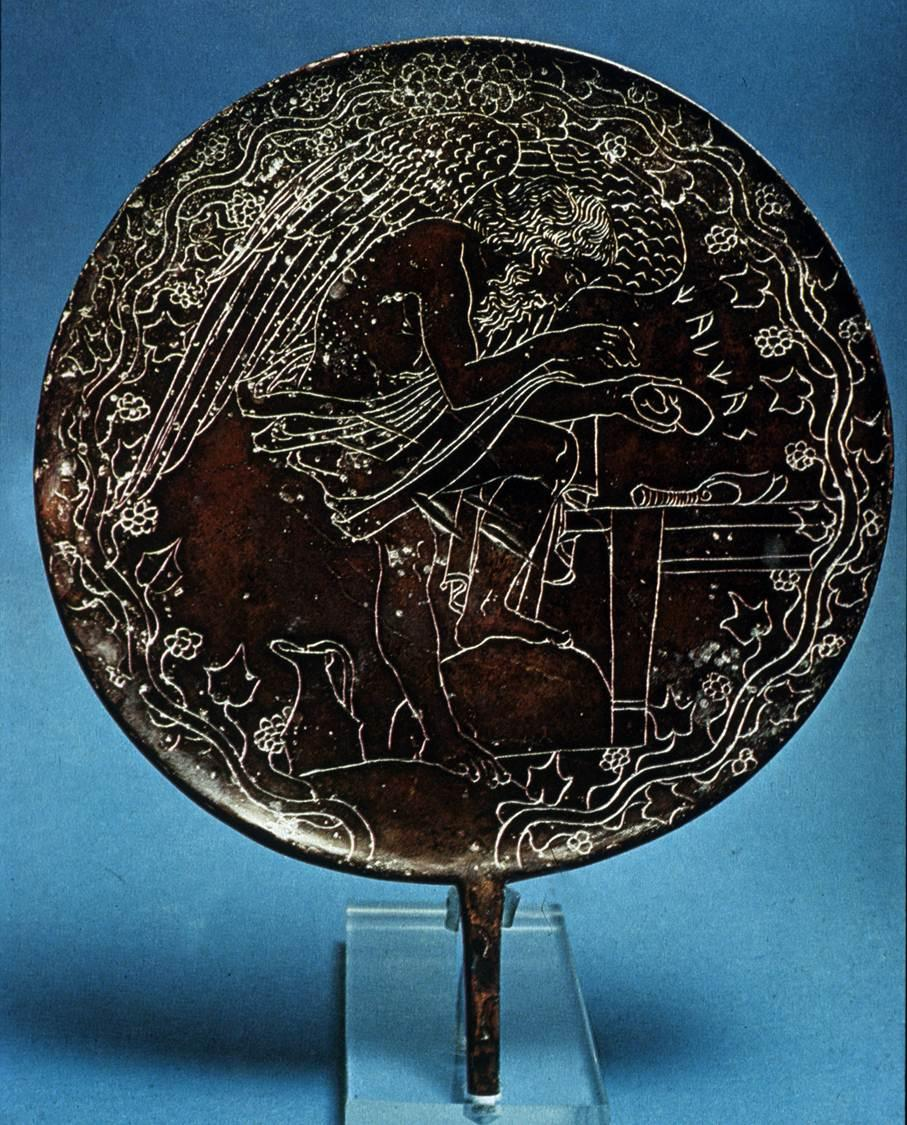 Hand mirror, Convex surface for reflection, Greek seer Calchas etched into the back