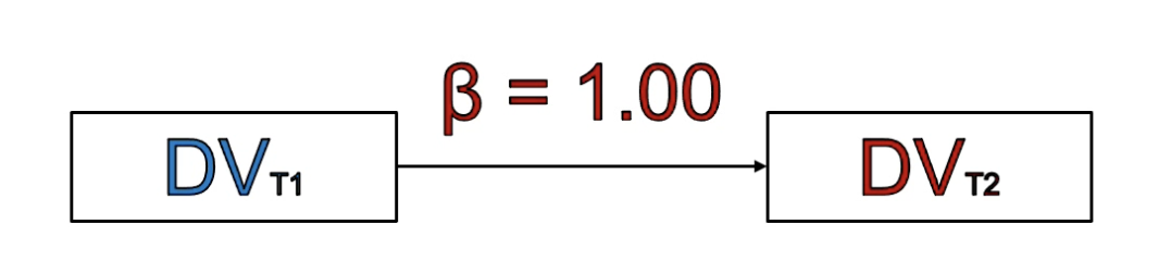 <p>What does a perfect beta score of 1 between measures of a DV between 2 time points suggest?</p>