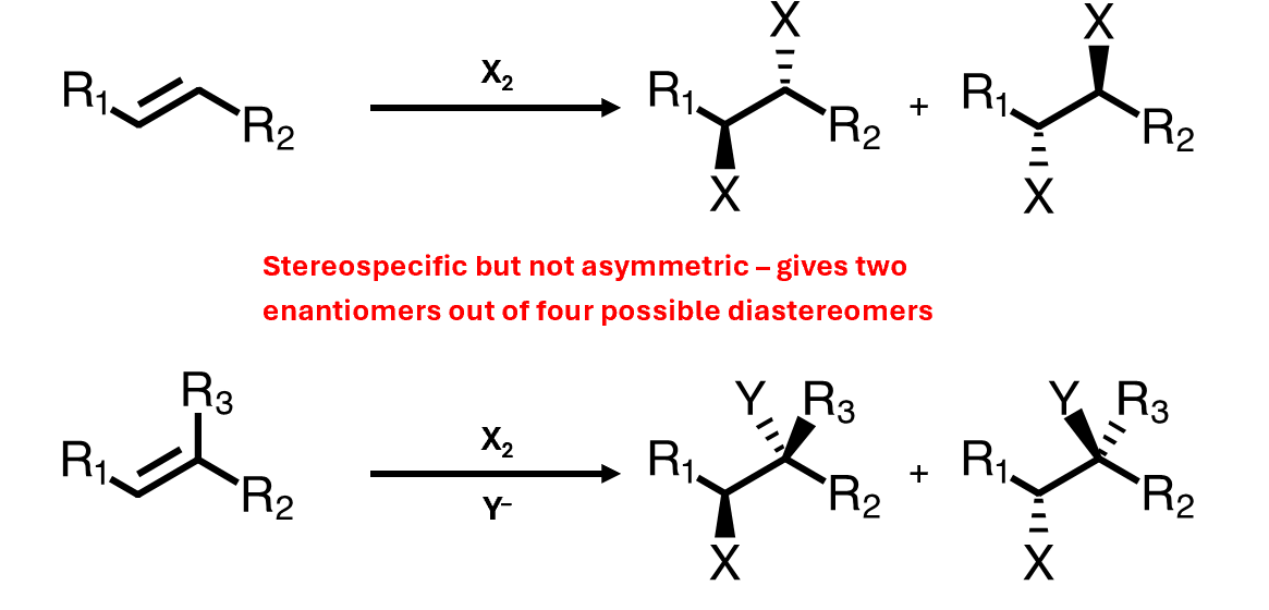 <ul><li><p>The two groups always add anti to one another</p></li><li><p>Stereospecific but not asymmetric – gives two enantiomers out of four possible diastereomers</p></li></ul><p></p>