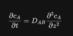 <p><strong>Definition:</strong> An extension of Fick's first law that describes how concentration changes over <strong>time</strong> at a specific position.</p><p><strong>Utility:</strong> * Essential for non-steady-state problems, such as predicting how long it takes for a gas to penetrate a solid.</p><ul><li><p>Used in industrial applications like semiconductor doping or the drying of materials.</p></li></ul><p></p>