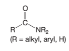 <p>Contains O,C,N → double bond b/w O—C and Single bond between C—NR2<br>Attached to an alkyl, aryl, or H</p>
