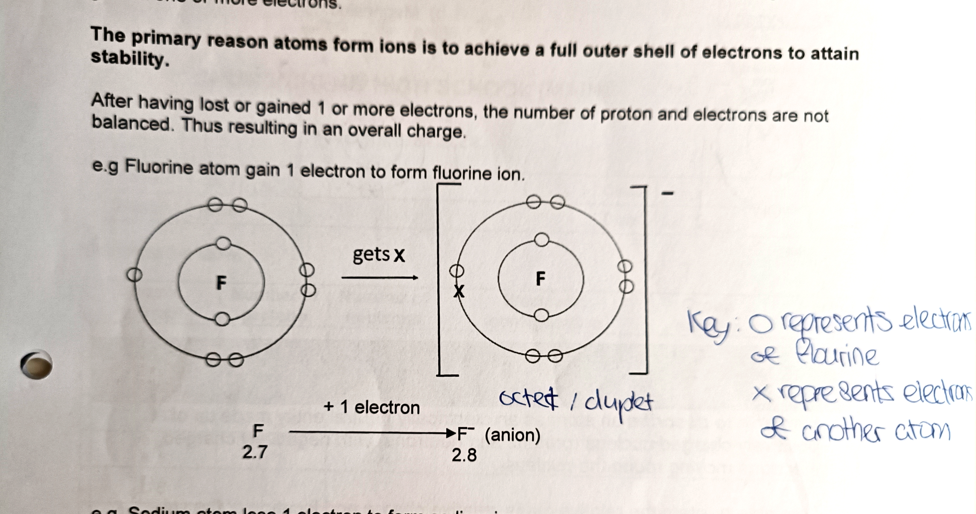 <p>The positive or negative sign is written on the right side of the chemical symbol and the drawing of the ion.</p>