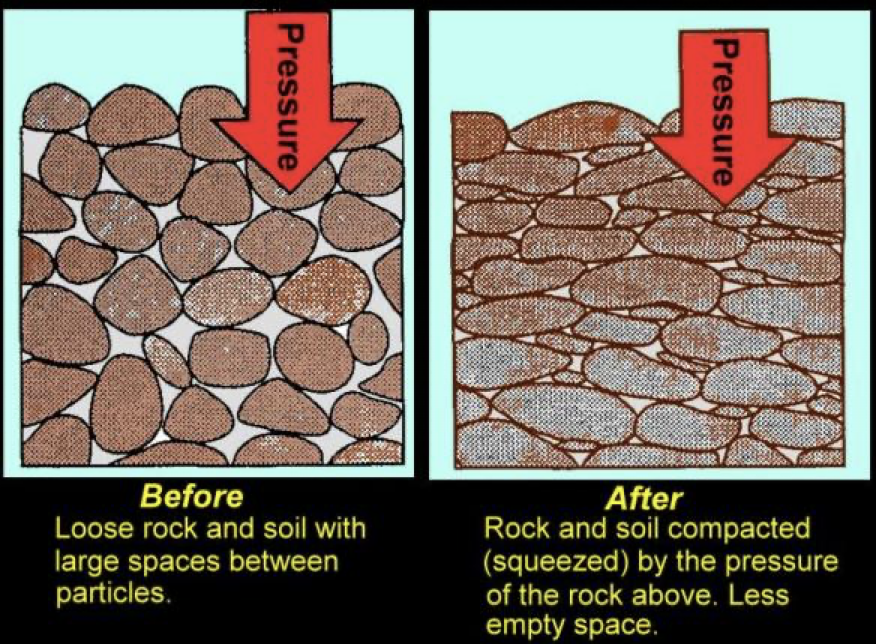 <p>The process that reduces the volume of sediment through pressure. Occurs when material continues to accumulate on top of the sediment layer, squeezing the grains together and driving out water. </p>