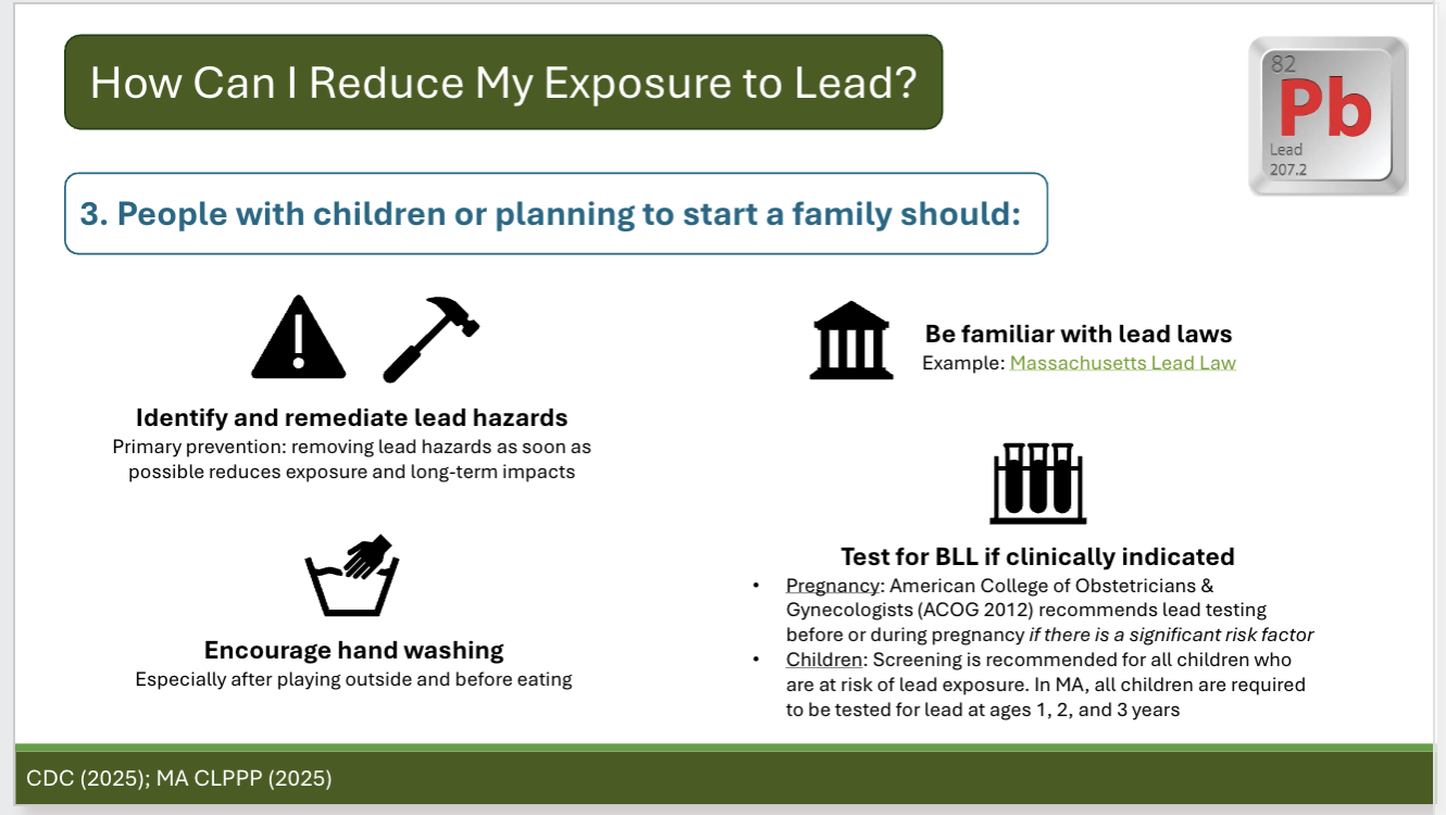 <p>Describe different strategies that people can use to reduce their exposure to lead, specific to their circumstances, such as their occupation or the age of their home</p>