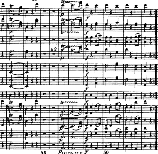 <p>10 bars long</p><p>43-52</p><p>43-44 repeats 41-42</p><p>Fanfare figuration in Clarinets 49-52</p><p>Goes back to Section B after.</p><p>Goes to Trio after 2nd time</p>