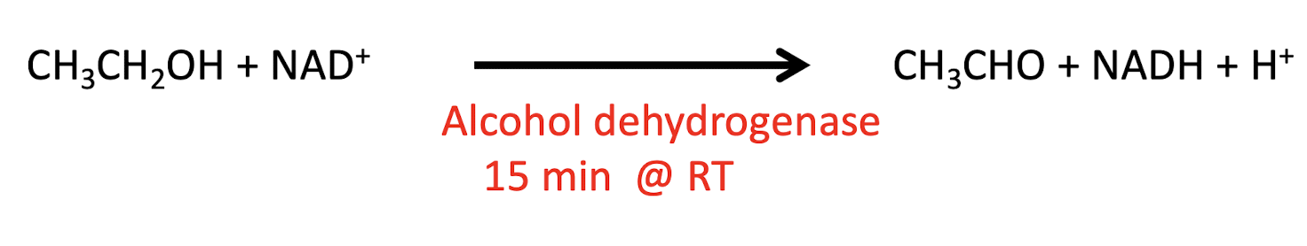 <p><strong>CH3CH2OH (ethanol) + NAD<sup>+</sup> → </strong><span style="color: red"><strong>alcohol dehydrogenase </strong></span><strong>CH3CHO (acetaldehyde)  + NADH + H<sup>+</sup></strong></p>