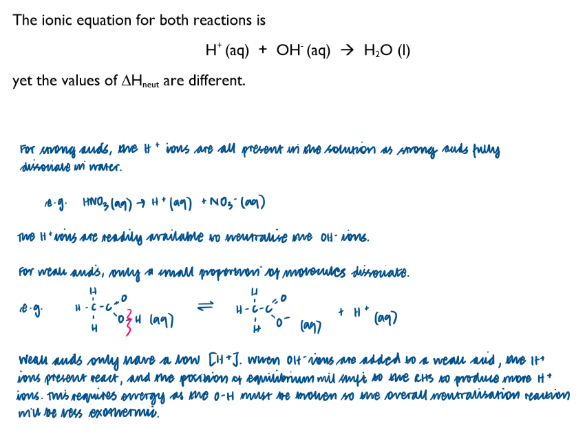 <p>The enthalpy change of neutralisation = enthalpy change when an acid and alkali react together to form one mole of water. </p><p></p><p>When strong acids and bases react together they will produce very similar enthalpies of neutralisation. This is because the solutions completely dissociate, so the same, simple acid-base reactions occur between H<sup>+</sup> and OH<sup>-</sup> ions to produce water in each case. The other dissociated ions present are simply spectator ions and do not affect the reaction.</p><p></p><p>However, in reactions of weak acids and bases, the ions only slightly dissociate so other enthalpy changes also occur within the solution. As a result, the enthalpies of neutralisation can vary quite a lot.</p>