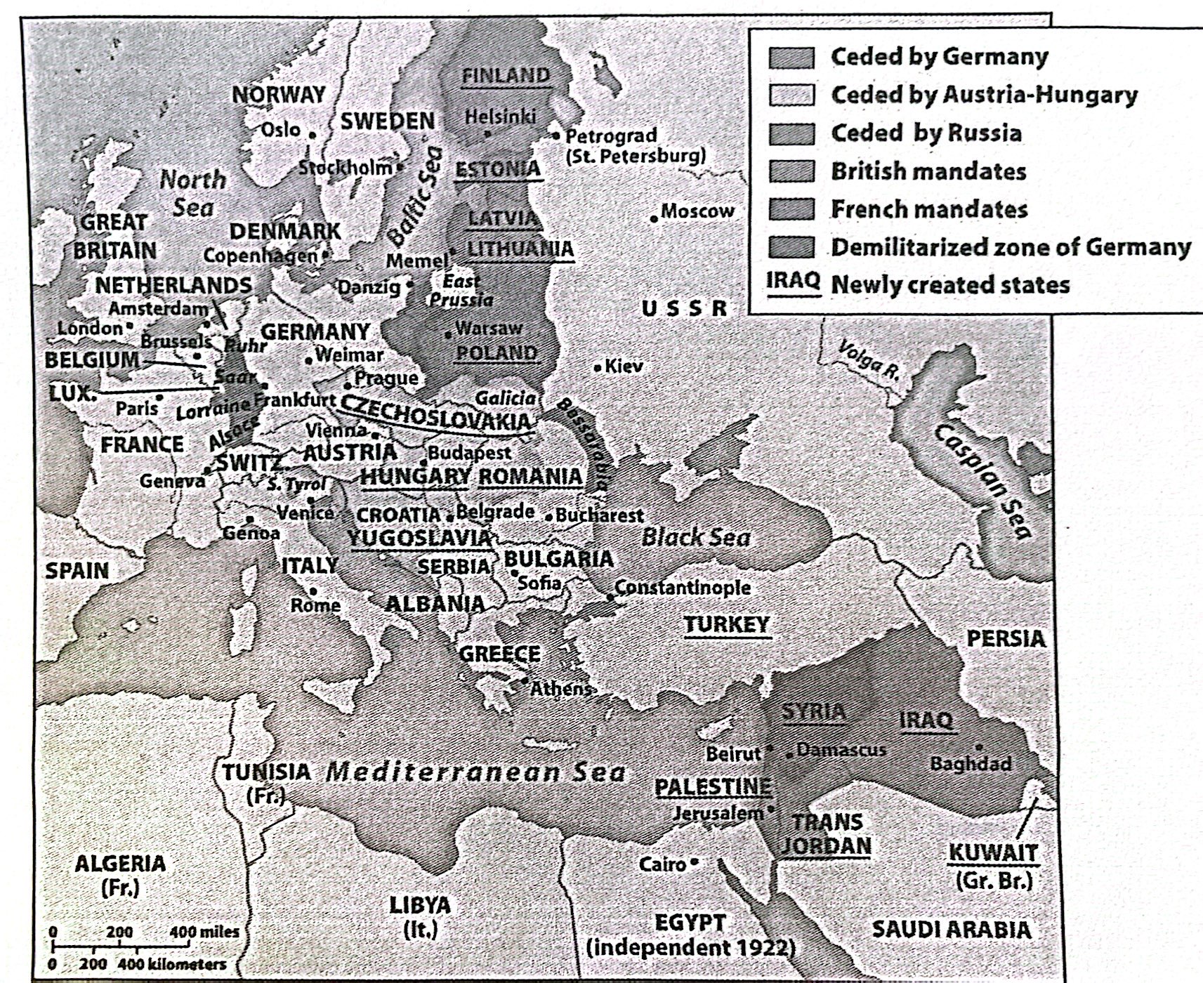 <p><strong>11-8. </strong>The map above shows Europe and the Middle East during the period</p><p>a) Between the Renaissance and Reformation<br>b) Between the two world wars<br>c) Of the New Imperialism<br>d) Of the Cold War</p>