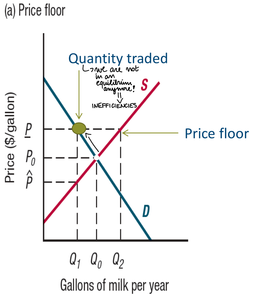 <p>When the government imposes a price floor of P, Q1 gallons are bought and sold.</p>