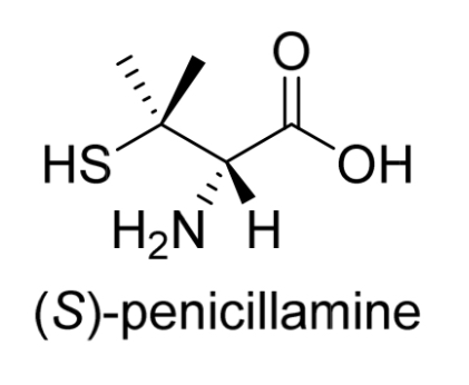 <p><u>Penicillamine</u></p><p>How many chirality centres?</p><p>How is the drug administered?</p>
