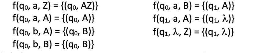 Dado el APV = ({a, b}, { Z, A, B}, {q0, q1}, Z, q0, f,  Ø), con función de transición :

Indique cuál de las siguientes expresiones **no se corresponde** con una regla de producción de la Gramática tipo 2 equivalente:

a. (q0Aq1) ::= a(q1A q0)( q0Zq0) | a(q1A q1)( q1Zq0)

b. S::= q0Zq0| q0Zq1

c. (q0Zq0) ::= a(q0A q0)( q0Zq0) | a(q0A q1)(q1Z q0)

d. (q1Zq1) ::= λ