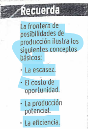 <p>Describe, al reflejar la producción potencial de una economía, las distintas combinaciones de bienes o servicios finales que podrían producirse en un determinado período de tiempo con los recursos y la tecnología existentes. Refleja las opciones máximas que se le ofrecen a la sociedad y la necesidad de elegir entre ellas.</p><p>Ilustra los<u> 3 conceptos esenciales</u>:</p><ul><li><p><strong>Escasez de recursos: </strong>La cantidad que podemos producir en determinado periodo de tiempo, con los recursos y la tecnología existentes, limitada.</p></li><li><p><strong>Costo de Oportunidad:</strong> Solo podemos obtener cantidades adicionales de cualquier bien que deseemos, reduciendo la cantidad de otro.</p></li><li><p><strong>Producción Potencial</strong>: Es la producción máxima que una economía puede obtener con determinados recursos productivos y un cierto nivel tecnológico.</p></li></ul>