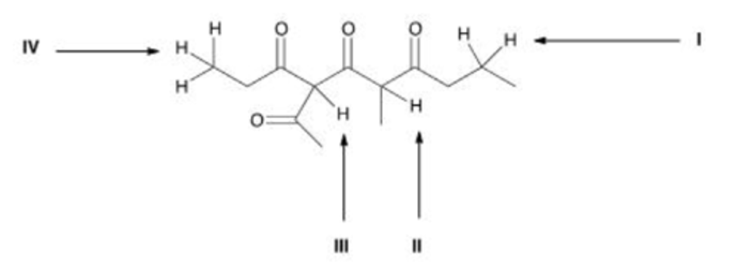 <p>Which is the most acidic proton in the following compound?</p><p>A. I</p><p>B. II</p><p>C. III</p><p>D. IV</p>