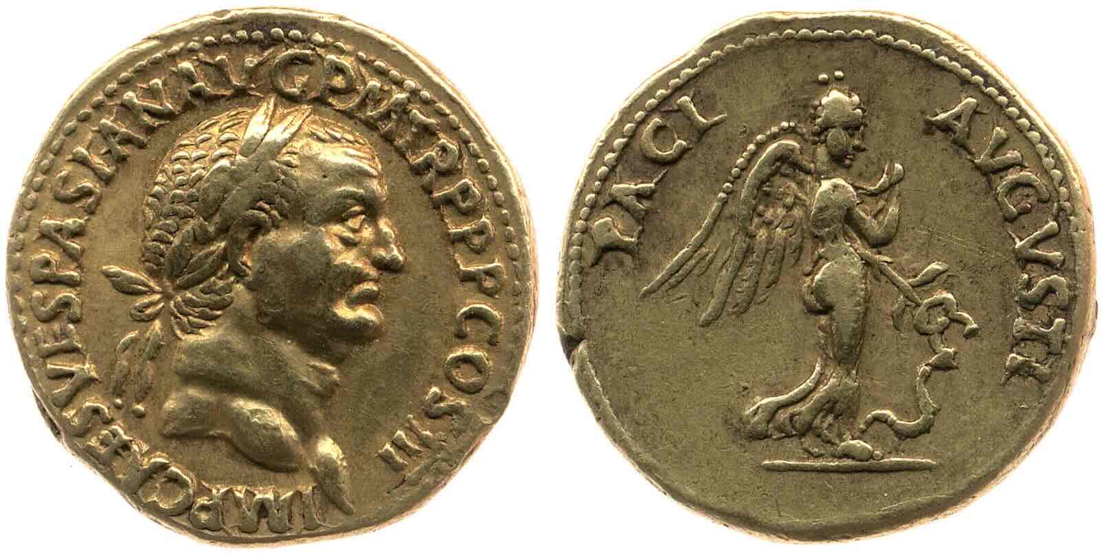 <p><span style="color: rgb(109, 158, 235)">Aureus of Vespasian with imperial titles, pontifex maximus, tribunician power, 3 consulships, 70 CE</span></p>