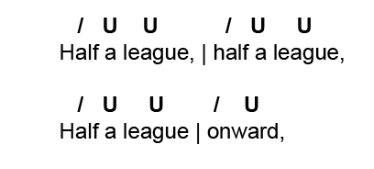 <p>in poetry, a metrical pattern consisting of one stressed syllable followed by two unstressed syllables as in the following example from “The Charge of the Light Brigade” by Alfred Lord Tennyson</p><p>note that the metrical pattern in the fourth foot consists of one stressed and one unstressed syllable, rather than the one stressed and two unstressed syllables necessary to qualify as dactylic</p>