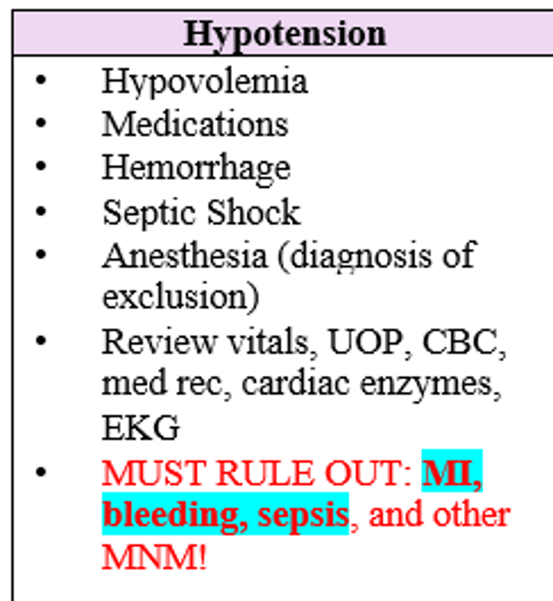 <p>MI, Bleeding, Sepsis</p>