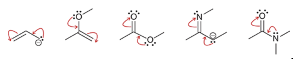 <ul><li><p>When a compound contains a carbon-carbon double bond, the two carbon atoms bearing the double bond are called vinylic positions, while the atoms connected directly to the vinylic positions are called allylic positions:</p></li><li><p>The first curved arrow goes from the lone pair to form a π bond, while the second curved arrow goes from the π bond to form a lone pair:</p></li><li><p>When the atom with the lone pair has a negative charge, then it transfers its negative charge to the atom that ultimately receives a lone pair:</p></li><li><p>When the atom with the lone pair does not have a negative charge, then it will incur a positive charge, while the atom receiving the lone pair will incur a negative charge:</p></li></ul>