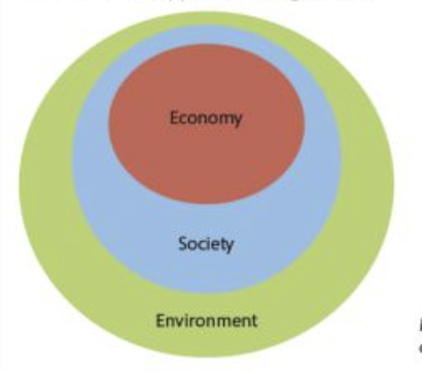 <p>Starts with an economy that is focused on economic development and making sure people have the resources to live and thrive</p><p>To have a healthy economy, you need a healthy and just society treated fairly and equitably.</p><p>Cannot have this without a healthy environment, so they need each other</p><p>Environment, equity, and economy are all interconnected and need one another</p>
