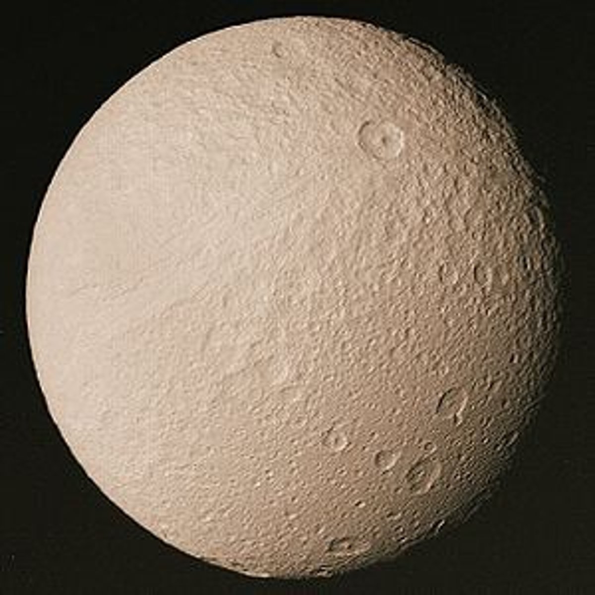 <p>Tethys, or Saturn III, is a mid-sized moon of Saturn about 1,060 km across. It was discovered by G. D. Cassini in 1684 and is named after the titan Tethys of Greek mythology. Wikipedia</p>
