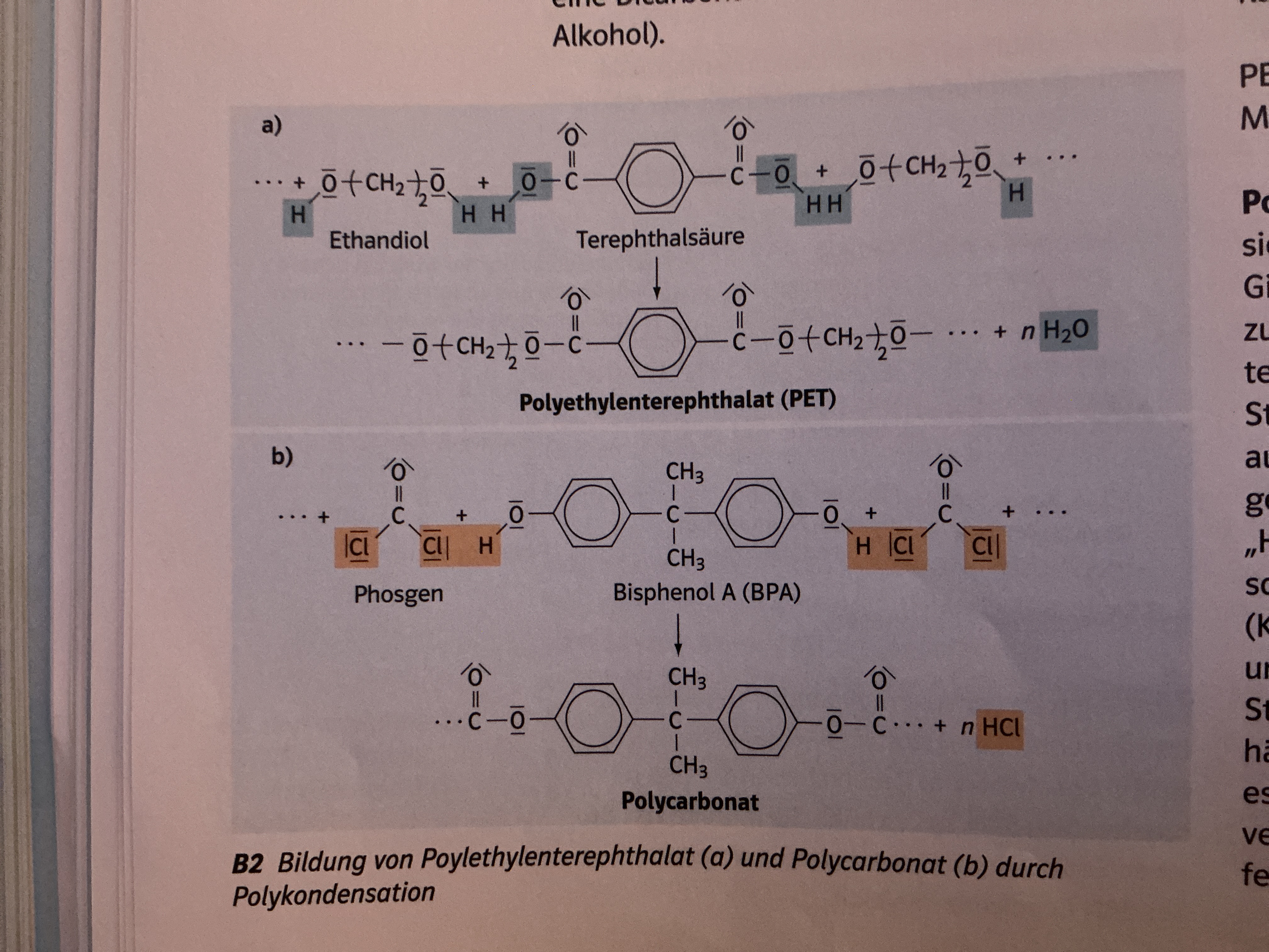<p>Monomer Moleküle mit mindestens 2 funktionellen Gruppen werden unter Abspaltung von kleineren Molekülen (H<sub>2</sub>O,HCl) zu Polymer-Molekülen verknüpft</p>
