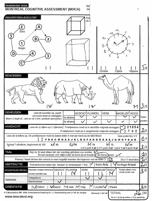 <ul><li><p>informatie vragen aan partner over cognitief functioneren</p></li><li><p>cognitieve en geheugentesten doen bij patiënt</p><ul><li><p>MOCA → verschillende domeinen getest</p></li><li><p>evaluatie van het semantisch geheugen → test zie andere kant</p></li></ul></li></ul><p></p>