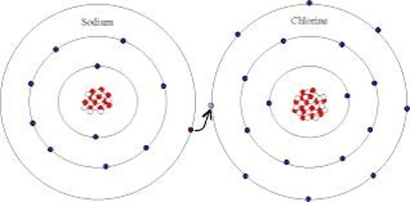 <p>Chlorine gains one electron and becomes negatively charged, while sodium loses one electron and becomes positively charged.</p>