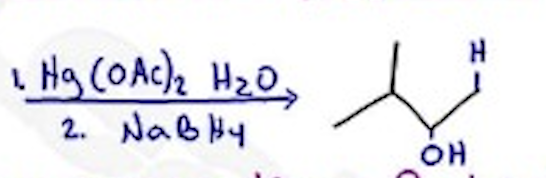 <p>Hg(OAc)2 H2O / NaBH4 —- Markovnikov, no H-shift, anti </p>
