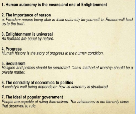 <p>a movement of politics, philosophy, science and communications in Europe</p><ul><li><p>reason over superstition</p></li><li><p>science over blind faith</p></li></ul>