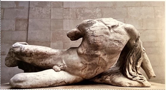 * Dates from 437 to 432 BC​
* The west Pediment depicts the contest between Athena and Poseidon over the patronage of the city now known as Athens ​
* The majority of the sculptures from the Pediments are lost​
*  The two central figures which are only fragmentary were probably striding away from each other but turning to look back ​
* Poseidon’s torso survives however and it gives a very good indicator of how he was portrayed

River in the left corner:

* In the left corner of the west pediment the Ilissos River is personified ​
* As with the east pediment on the Temple of Zeus at Olympia which locates the events of the myth ​
* The OCR textbook argues that there is development in the treatment of the body ​
* It asserts the sculptor here depicts a successful twist of the body ​
* figure’s anatomy is likewise more realistic as its ribs are not as protruding and exaggerated ​
* It asserts that the flesh seems softer 