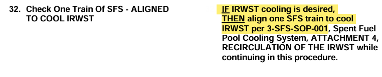 <p>This deep into the procedure, SFS is aligned to IRWST since only remaining heat sink is PRHR. RNS has failed and a Secondary Heat Sink is not available, Containment has been evacuated.</p>