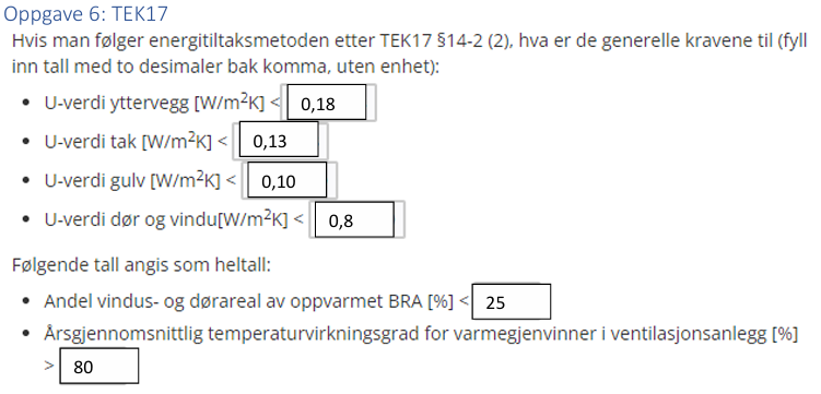<p>- Yttervegg &lt; 0,18</p><p>- Tak &lt; 0,13</p><p>- Gulv &lt; 0,10</p><p>- Dør og vindu &lt; 0,8</p><p></p><p>a. &lt; 25 [%]</p><p>b. &gt; 80 [%]</p>