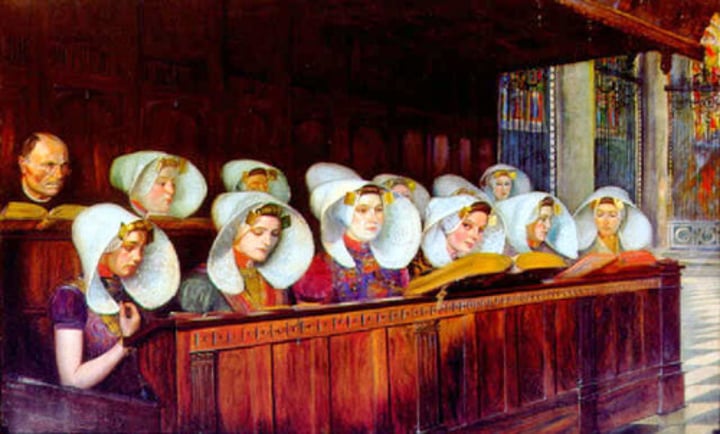 <p>A group of poorer laywomen in Northern Europe who lived together, practiced celibacy and devoted themselves to weaving and to working with the sick, the old and the poor</p>