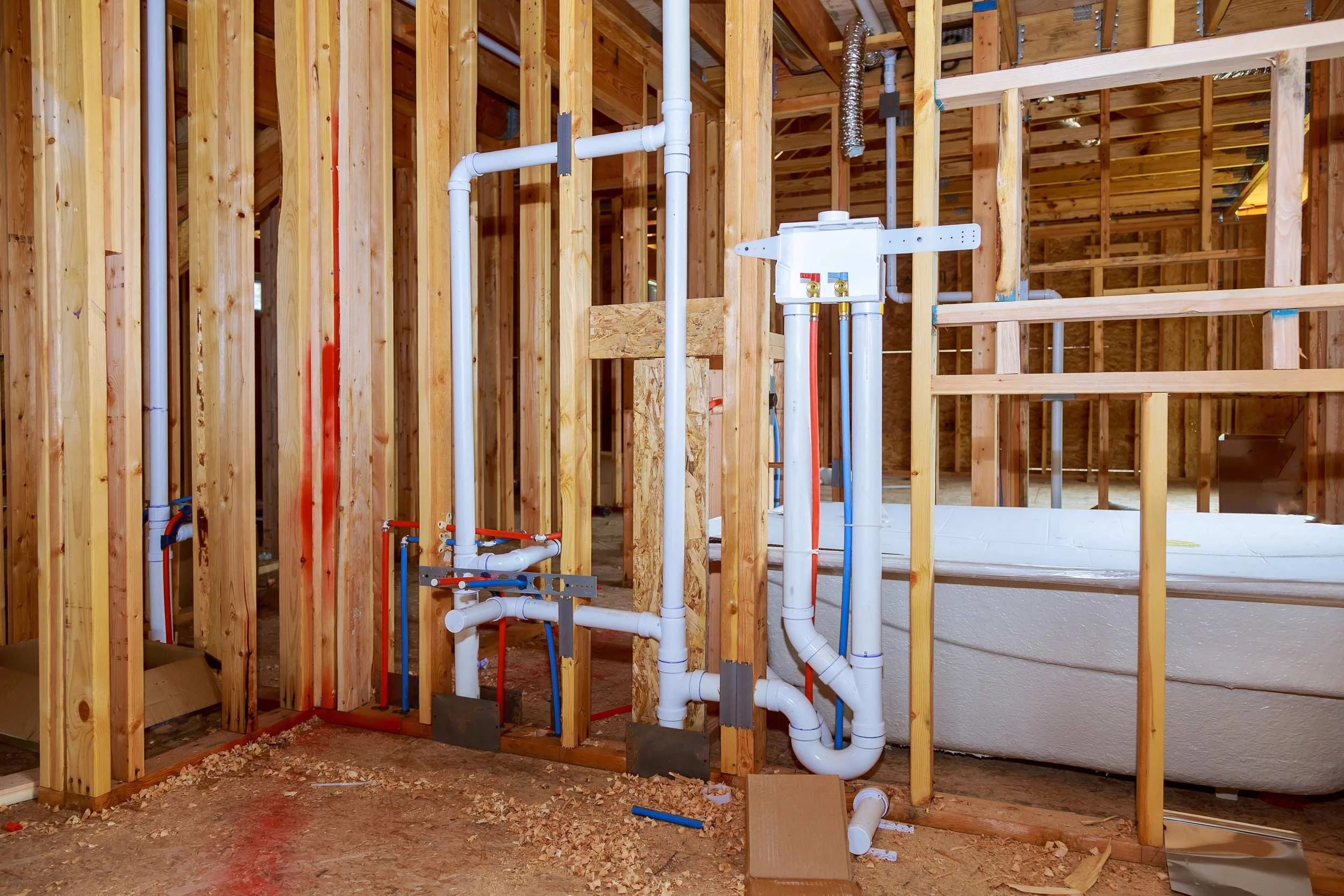 <p>The installation of parts of the plumbing system which can be completed prior to installation of fixtures or finishing. This includes drainage, water supply and vent piping and necessary fixture supports.</p>