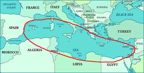 <p>Body of water that separates Europe and Africa; made trade by water easier</p>