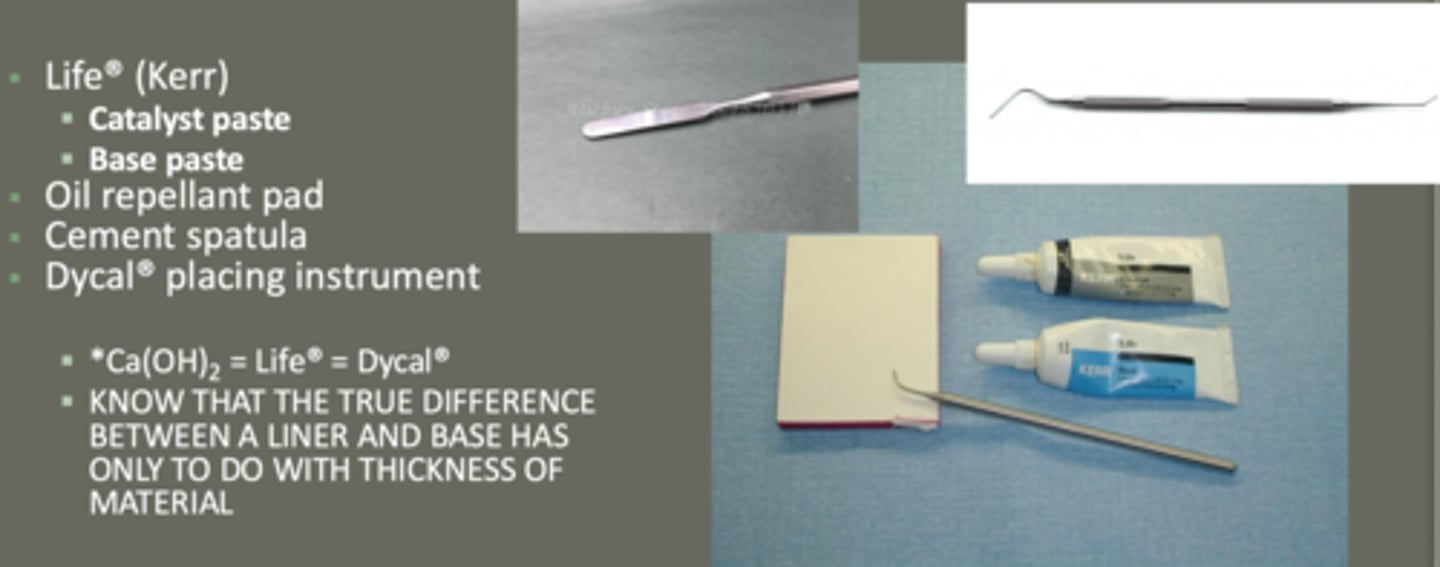<p>equal parts base + catalyst</p><p>use cement spatula</p><p>DO NOT mix with placement instrument</p><p>* CaOH2 = Life = Dycal... true diff. between liners and base is only thickness*</p>