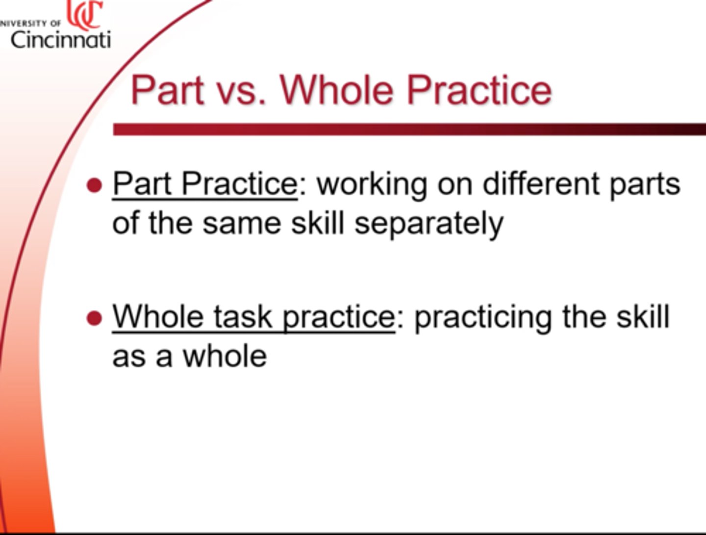 <p>Piece by piece- you only do part of a big task. </p><p>Example: A client recovering from a stroke practices just reaching to grab a cup (not the full drinking sequence).</p>