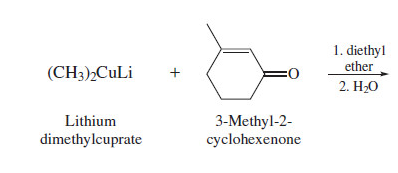 <p>lithium dialkylcuprates and alpha-beta conjugated ketones</p>
