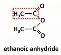 <ul><li><p>A molecule made from 2 carboxcylic acids </p></li><li><p>Identify the carboxcylic acid and replace “acid” with “anhydride”</p></li></ul><p></p>