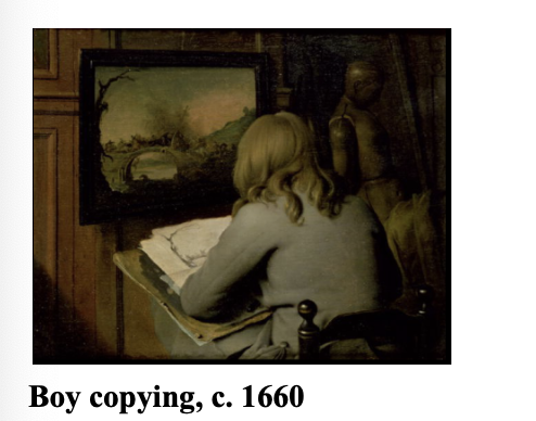 <ul><li><p><span style="background-color: transparent;"><strong><span>Ostade, Painter in his Studio, 1663</span></strong></span></p></li><li><p><span style="background-color: transparent;"><span>Artist process:&nbsp;</span></span></p><ul><li><p><span style="background-color: transparent;"><span>If a boy showed potential, parents would pay a fee for a master artist to take him on as an apprentice</span></span></p></li><li><p><span style="background-color: transparent;"><span>At first, help organize and clean studio, prepare/stretch canvases</span></span></p></li><li><p><span style="background-color: transparent;"><span>Draw by copying from master’s work, then inanimate objects, then live animals and people</span></span></p></li><li><p><span style="background-color: transparent;"><span>Graduate to paint, same subject ladder</span></span></p></li><li><p><span style="background-color: transparent;"><span>Help the master paint</span></span></p></li><li><p><span style="background-color: transparent;"><span>After two or three years, apply to guild by presenting them with a masterpiece</span></span></p></li><li><p><span style="background-color: transparent;"><span>the guild will judge it and allow you in or not</span></span></p></li></ul></li></ul><p></p>