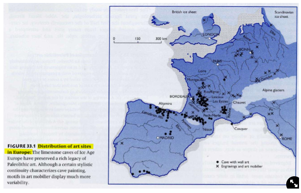 <ul><li><p><strong>35-10,000ya</strong> throughout Europe, Africa and China</p></li><li><p>coincides with the last glacial maxima→ was very cold and so went into caves</p></li><li><p>the paintings are usually just single animals and hands</p></li><li><p>humans are rarely depicted but are more in newer paintings</p></li></ul>