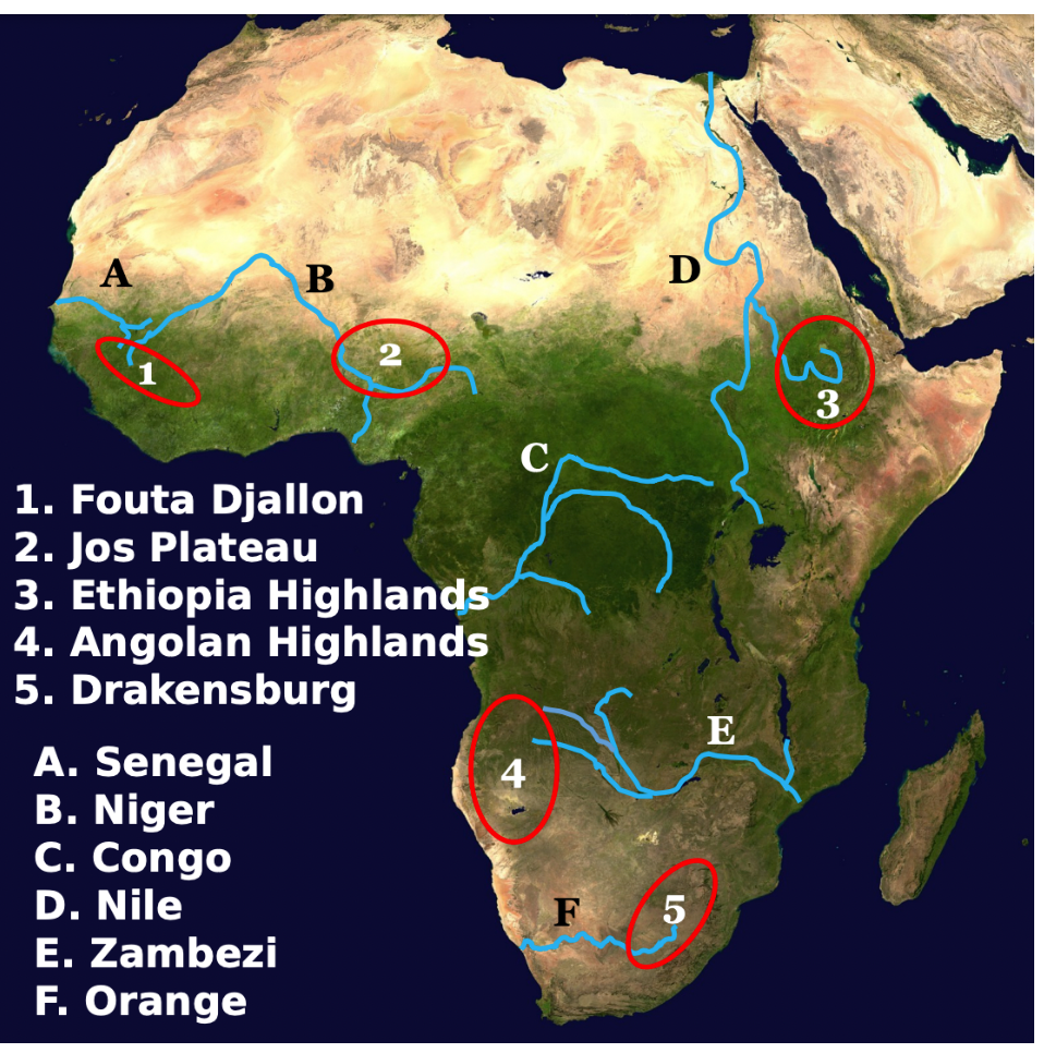 <ol><li><p>Fouta Djallon</p></li><li><p>Jos Plateau</p></li><li><p>Ethiopia Highlands</p></li><li><p>Angolan Highlands</p></li><li><p>Drakensberg A. Senegal B. Niger C. Congo D. Nile E. Zambezi F. Orange</p></li></ol>