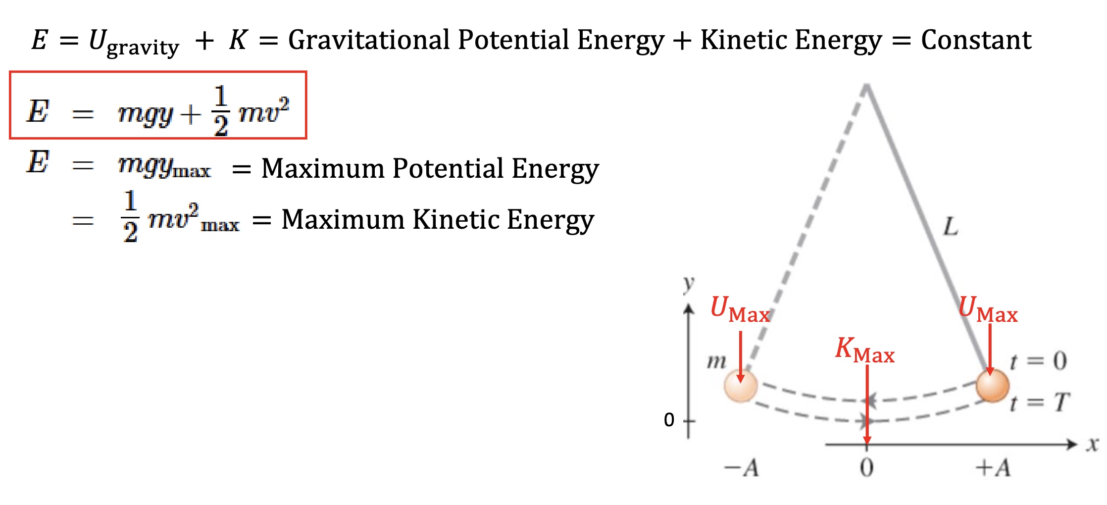 <p>-E (total mechanical energy, in Joules) is always constant</p><p>-Remember GPE changes w/ height, choose y=0 when pendulum is completely vertical (y=how high above or below zero)</p><p><mark data-color="green" style="background-color: green; color: inherit;">-at y=0: no GPE, but have max velocity so max KE</mark></p><p><mark data-color="green" style="background-color: green; color: inherit;">-at -A or +A: max GPE, no velocity</mark> (pendulum stops moving), and max height (so ymax)</p>
