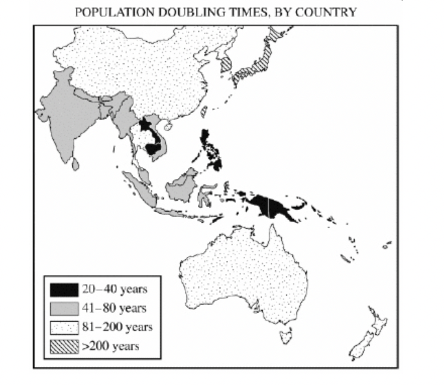 <p><span style="font-family: Lato Extended, Lato, Helvetica Neue, Helvetica, Arial, sans-serif">Which of the following statements is best supported by the population doubling times indicated on the map?</span></p>