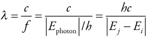 <p>Photon’s wavelength:</p><ul><li><p>λ = wavelength</p></li><li><p>c = speed of light</p></li><li><p>f = frequency</p></li><li><p>h = Planck’s constant (6.626 × 10 -34 joule·s)</p></li></ul><p></p>