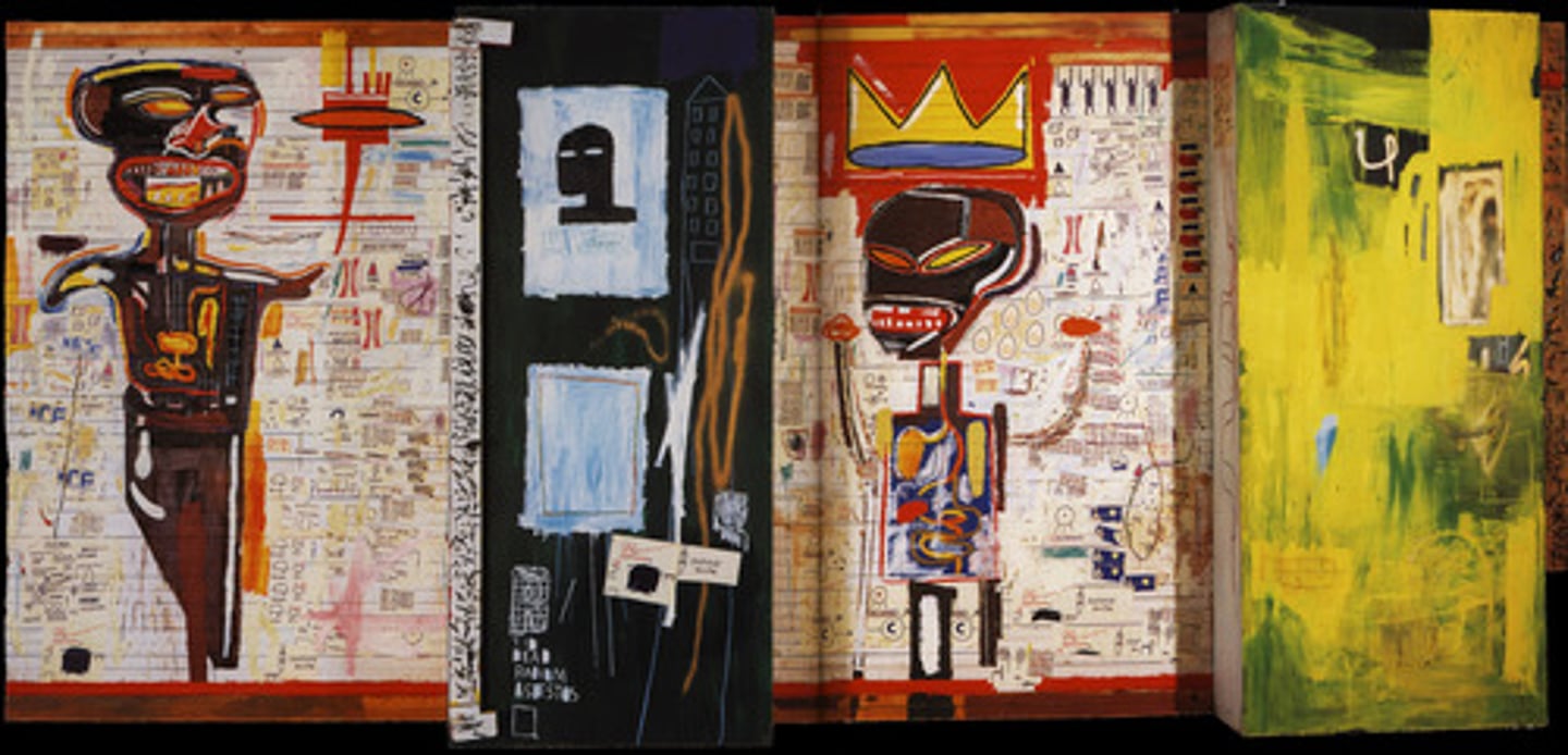 <p>his raw gestural style of painting with graffiti-like images and scrawled text</p>