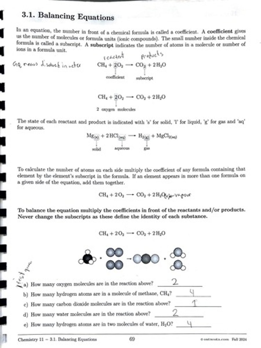 <p>To balance the equation, multiply the coefficients in front of the reactants and/or products without changing the subscripts.</p>