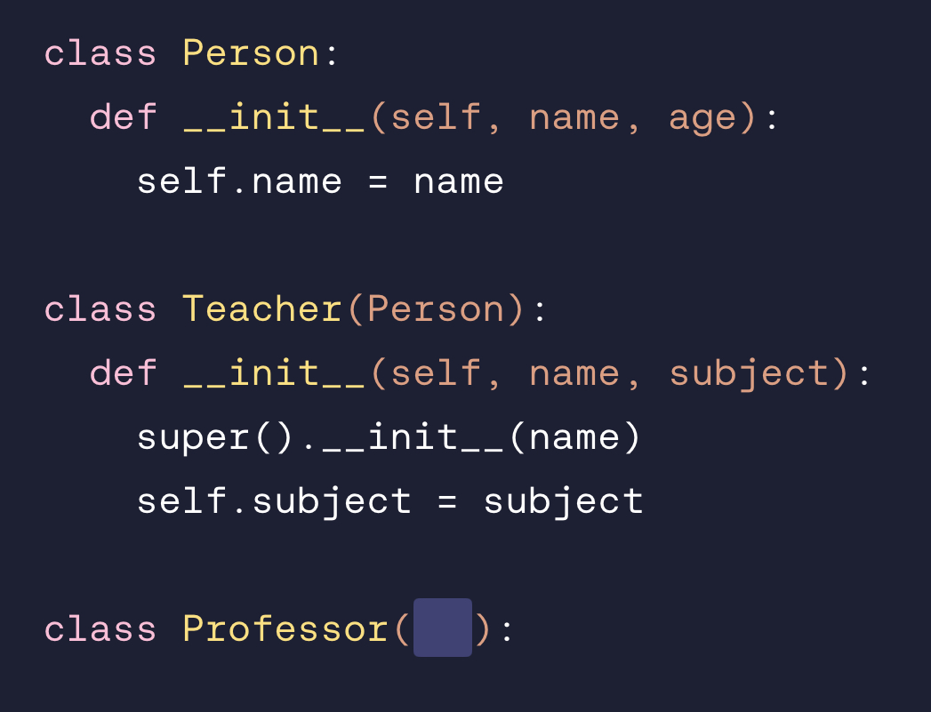 <p>Choose the correct class so that instances of Professor can <strong>inherit</strong> both  n⁠a⁠m⁠e⁠  and  s⁠u⁠b⁠j⁠e⁠c⁠t⁠  properties.</p>