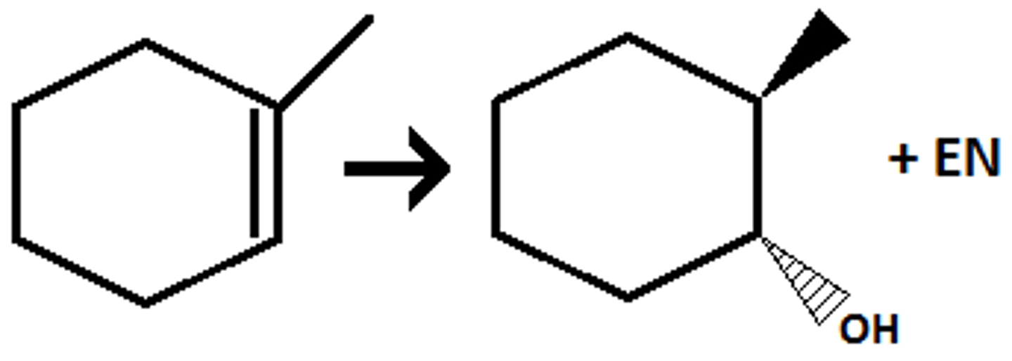 <p>Adds syn. +/-</p><p>OH adds anti-markovnikov.</p><p>Conditions are:</p><p>1. BH3, THF.</p><p>2. H2O2, OH-</p>