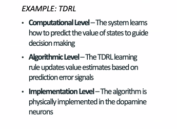 <p>computational level - what does system do and why</p><p></p><p>algorithm level - how does system achieve computaitonal goal</p><p></p><p>implementaltion level - how does physical or biological sytem suport algorithm</p><p></p><p></p>